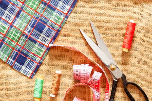 Trimmt Stoff Auf Leinenhintergrund Blick Von Oben Bunte Stoffmuster Für — Stockfoto