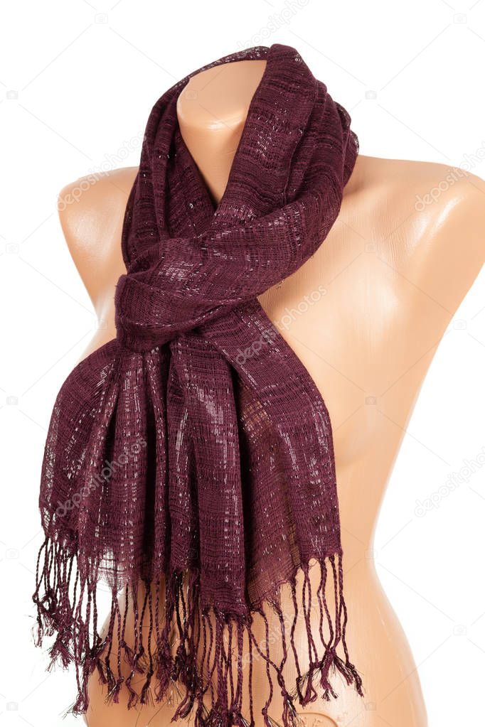 Burgundy scarf on mannequin isolated on white background.