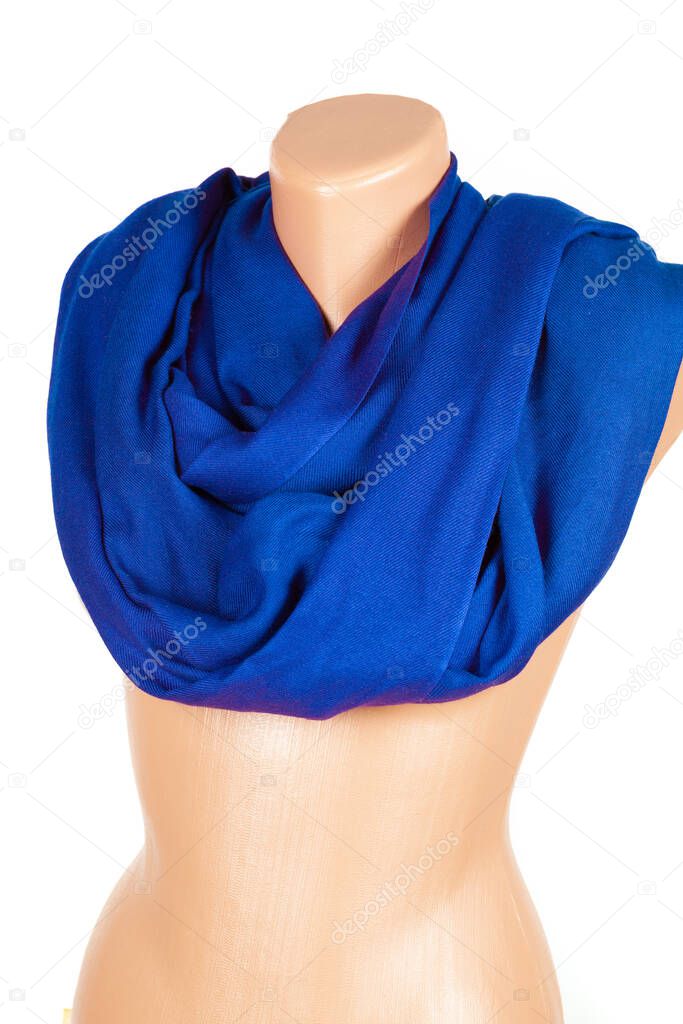 Blue scarf on mannequin isolated on white background. Female accessory.