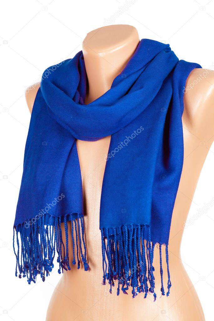 Blue scarf on mannequin isolated on white background. Female accessory.