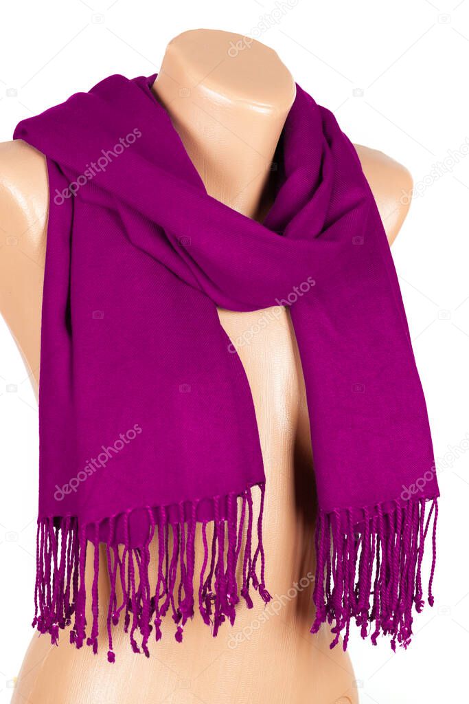 Lilac scarf on mannequin isolated on white background. Female accessory.