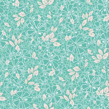 Vektör turqouise ve beyaz çiçekler ve pembe yeşillik sorunsuz arka plan desen. Tekstil, scrapbooking, duvar kağıdı ve hediye paketleri için mükemmel.