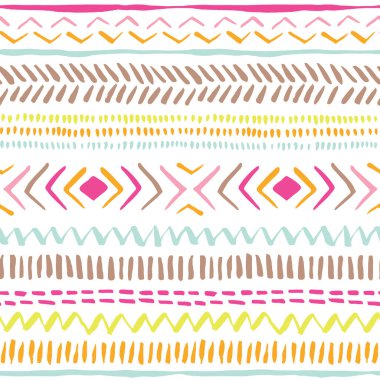 El Beyaz arka plan üzerinde renkli kabile hatları ve çizgili çekilmiş. Vektör seamless modeli. Taze ve tatlı soyut geometrik çizim. Yaz yazdırma. Tekstil, scrapbooking ve hediye için mükemmel