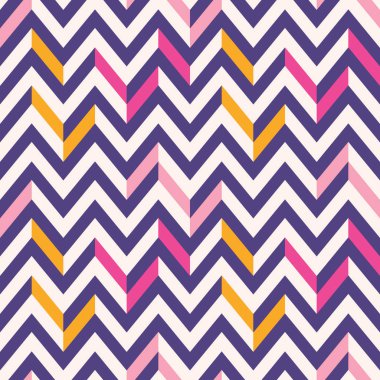 Retro Mod vektör sorunsuz Chevron düzensiz pembe, mor, sarı krem arka plan üzerinde. Şık klasik Yazdır