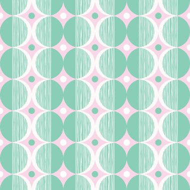 Nane ve pembe bir arka plan üzerinde krem daireler ile Retro Mod tarzı vektör Seamless modeli. Şık geometrik grafik yazdırma