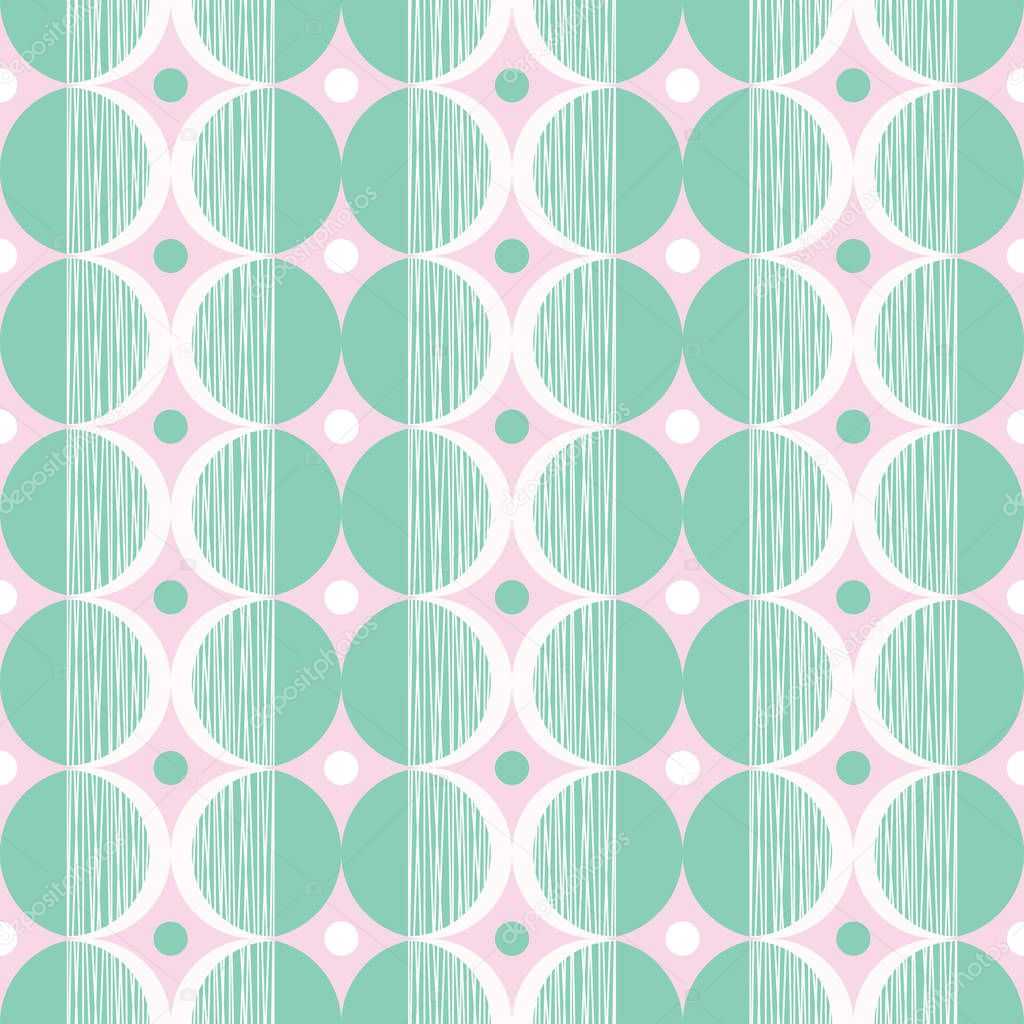 Retro Mod Style Vector Seamless Pattern with Mint and Cream Circles on Pink Background. Stylish Geometric Graphic Print