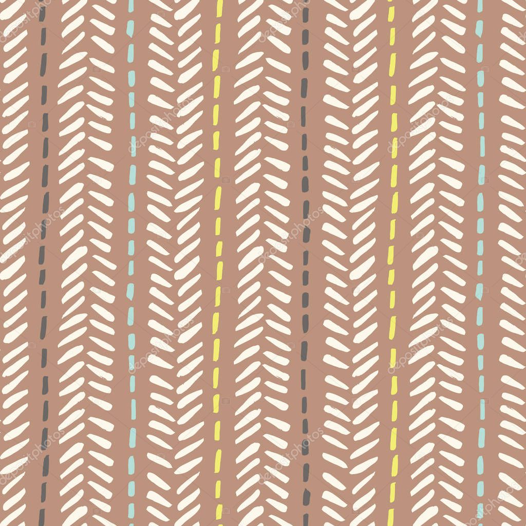 Hand drawn tribal herringbone stitches on brown background vector seamless pattern. Fresh geometric drawing