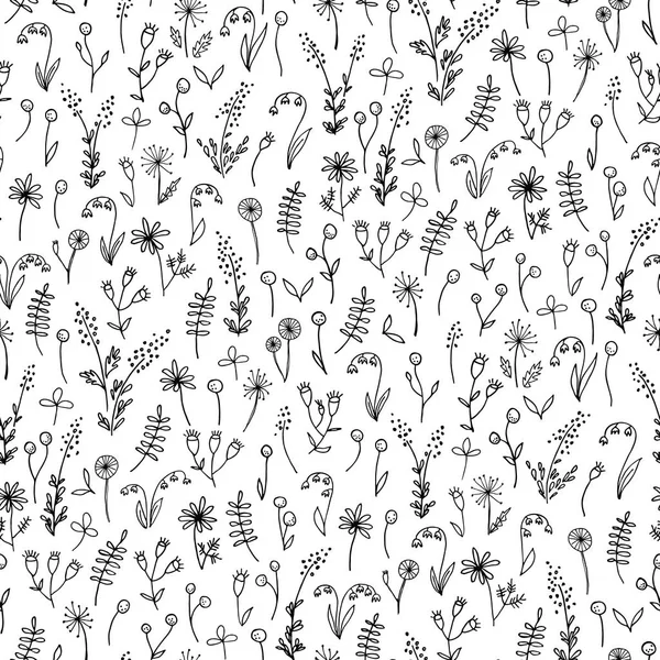 Bianco e nero disegnato a mano Doodle floreale Vector Seamless Pattern. Fiori di prato carino. Disegno di linea — Vettoriale Stock