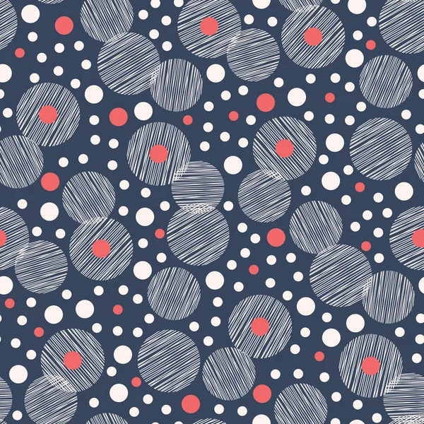 Retro Mod Style Vector Seamless Pattern with Textured Circles on Navy Blue Background. Geometric Bubbles. Stylish Print — Stock Vector