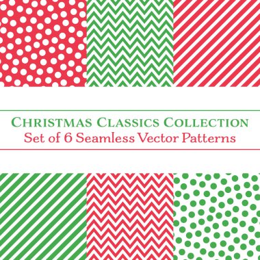 Set of 6 Classic Christmas Coordinating Patterns, Polka Dots, Chevrons, Diagonal Candy Stripes, in Red and Green clipart