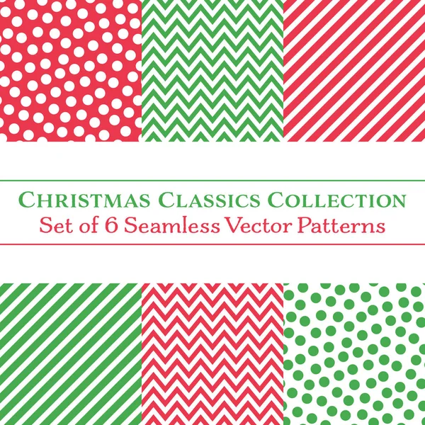 6 Classic Christmas Coordinating Patterns, Polka Dots, Chevrons, Diagonal Candy Stripes, punainen ja vihreä — vektorikuva