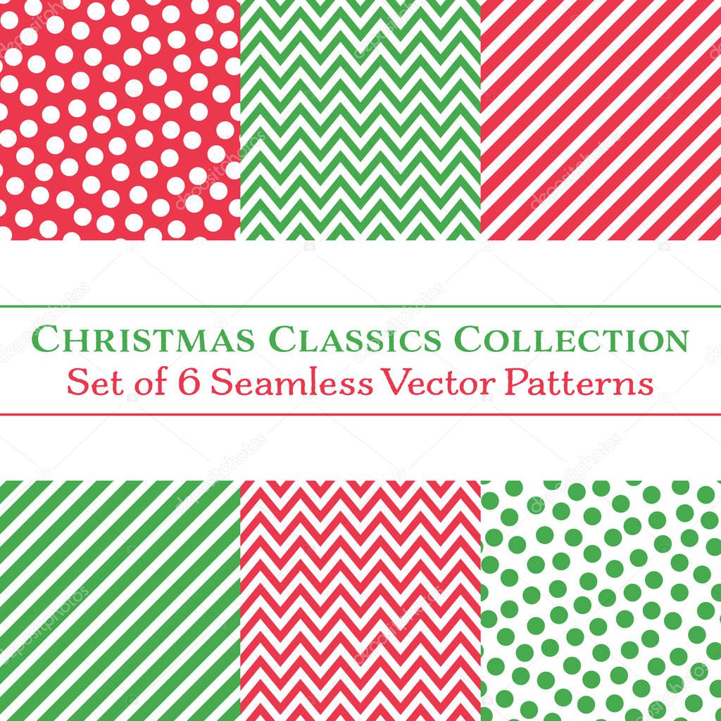 Set of 6 Classic Christmas Coordinating Patterns, Polka Dots, Chevrons, Diagonal Candy Stripes, in Red and Green