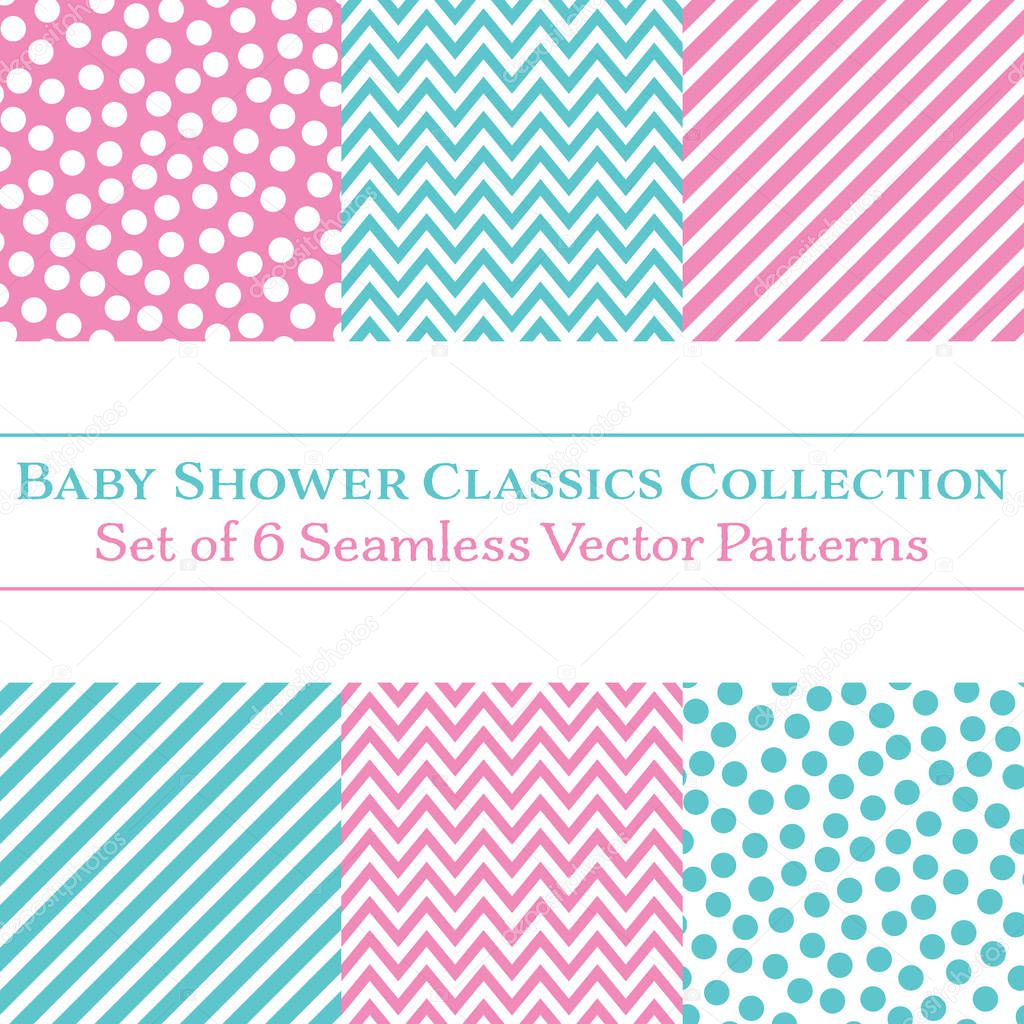 Set of 6 Classic Baby Shower Coordinating Patterns, Polka Dots, Chevrons, Diagonal Candy Stripes, in Pink and Cyan