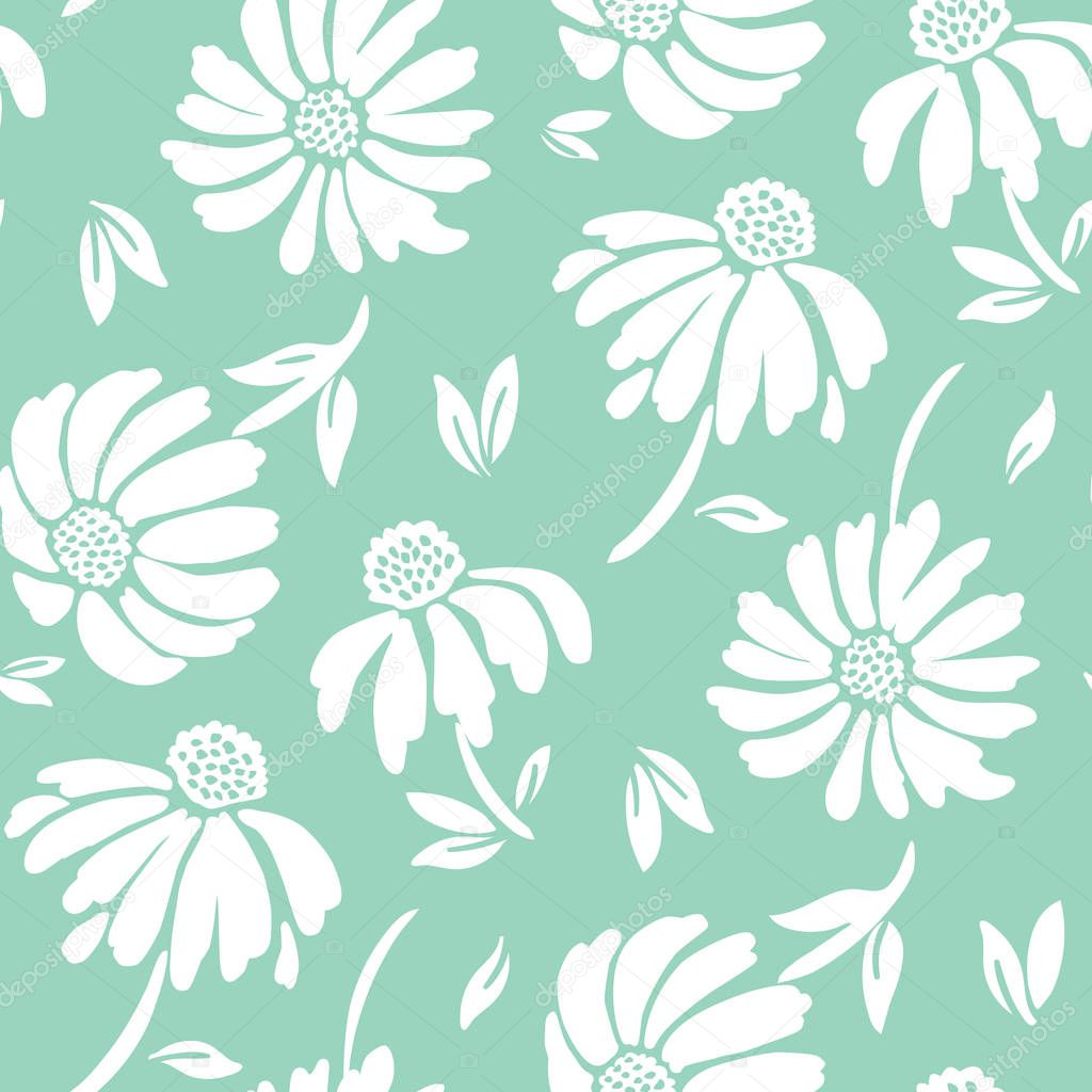 Bold graphic large scale floral vector seamless pattern. Simplistic oversized hand drawn white blooms on mint background. Retro minimal stylized flowers and foliage print.