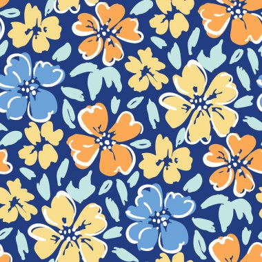 Büyük ölçekli çiçek vektör seamless modeli koyu mavi zemin üzerine el boyalı