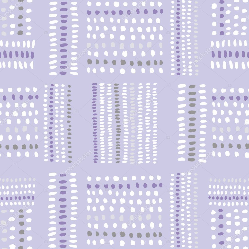 Hand drawn bead-like tribal marks, stitches on purple background vector seamless pattern. Abstract geometric drawing