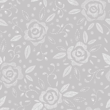 El nakış dikiş, gri çiçek vektör Seamless modeli taklit eden beyaz gül çekilmiş. Kadınsı çiçek arka plan. Düğün için mükemmel