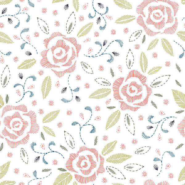 Ручной рисунок роз, имитируя вышивку швов, на белом фоне Цветочный вектор бесшовный
