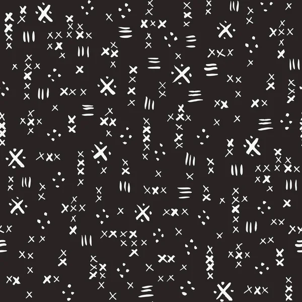 Handgezeichnete weiße Stammesmarken, Kreuzstiche auf dunklem Hintergrund, nahtlose Muster. abstrakter geometrischer Druck — Stockvektor
