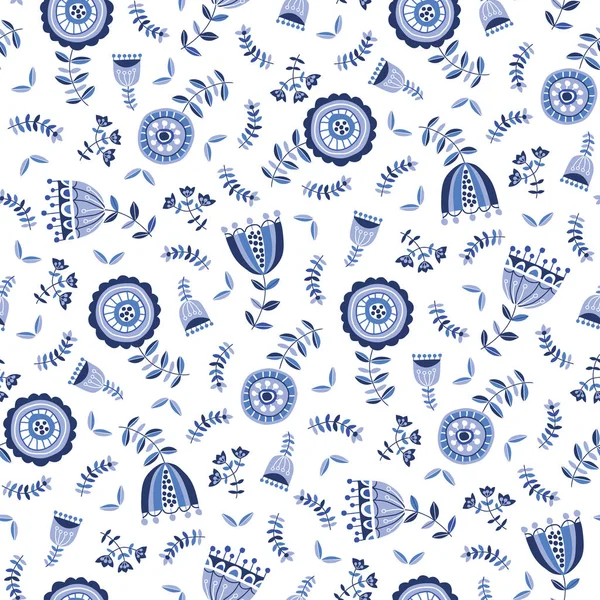 Folk Blue Flowers em fundo branco Vector padrão sem costura. Delft Florals. Flora monocromática de doodle desenhada à mão . — Vetor de Stock