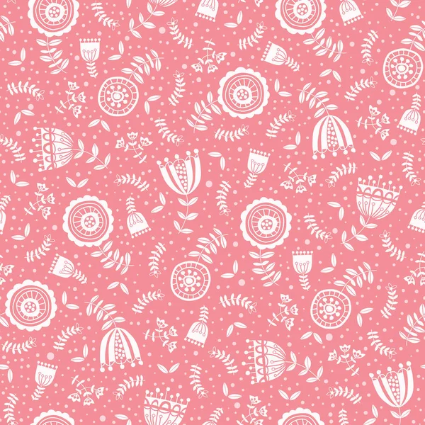 Folk White Flowers on Pink Background Vector Seamless Pattern Classic Floral Texture (en inglés). Flora monocromática de garabatos dibujada a mano — Vector de stock