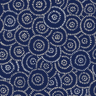 Indigo çizilmiş Japon tekstil vektör Seamless modeli boyalı. Geleneksel Katazome Katagami soyut çiçek daireler