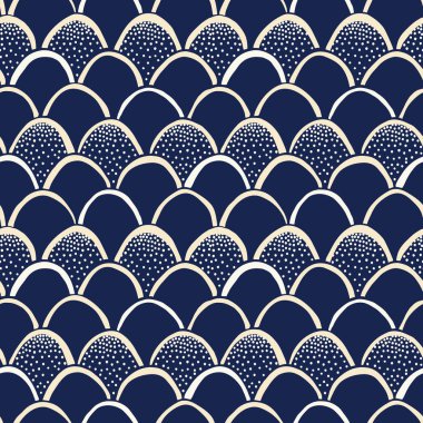 Indigo çizilmiş Japon tarzı Fishscale vektör Seamless modeli. Katazome Resist Yazdır boyalı. Doku Noktalanma