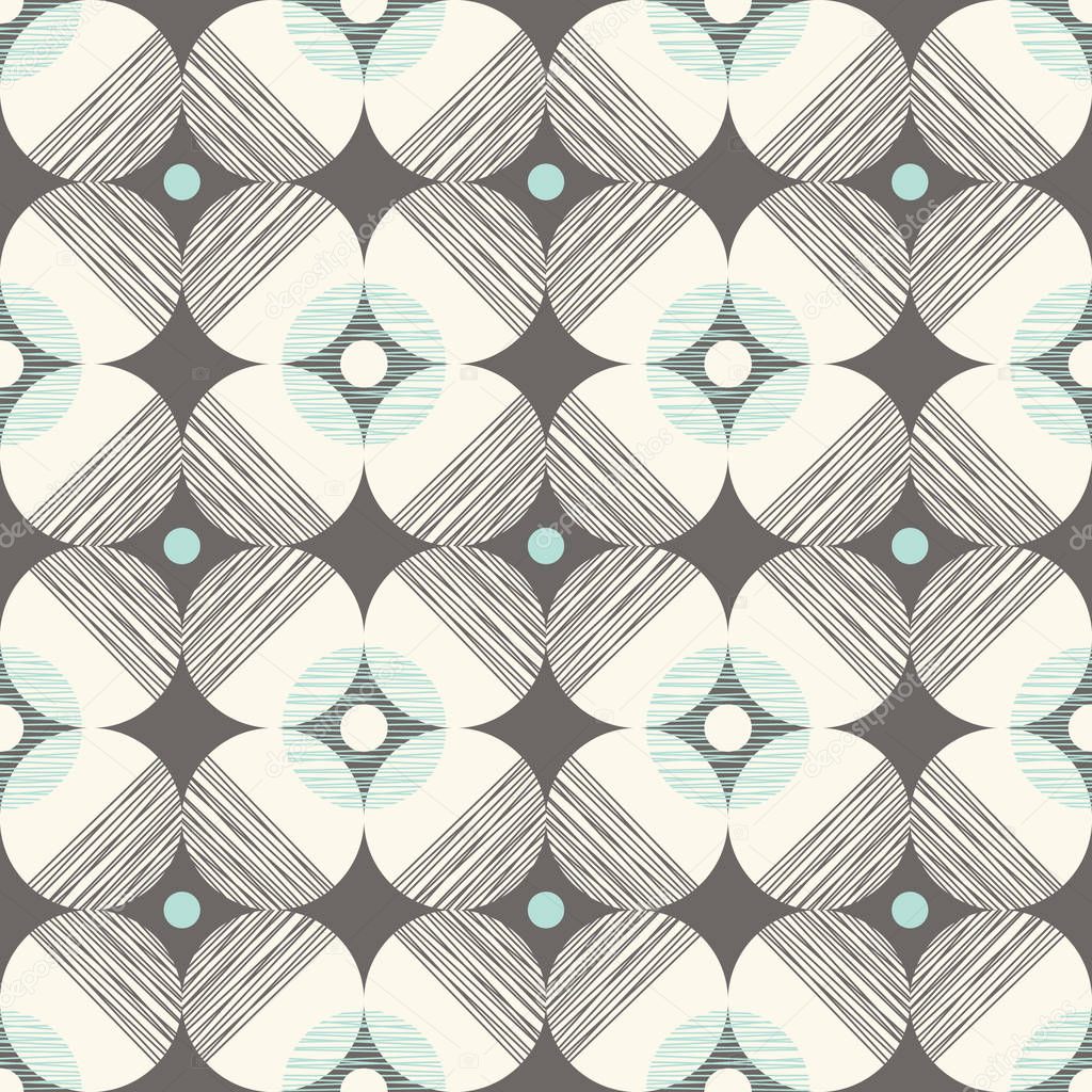 Retro Mod Style Vector Seamless Pattern with Textured Circles on Dark Khaki Background. Stylish Geometric Graphic Print
