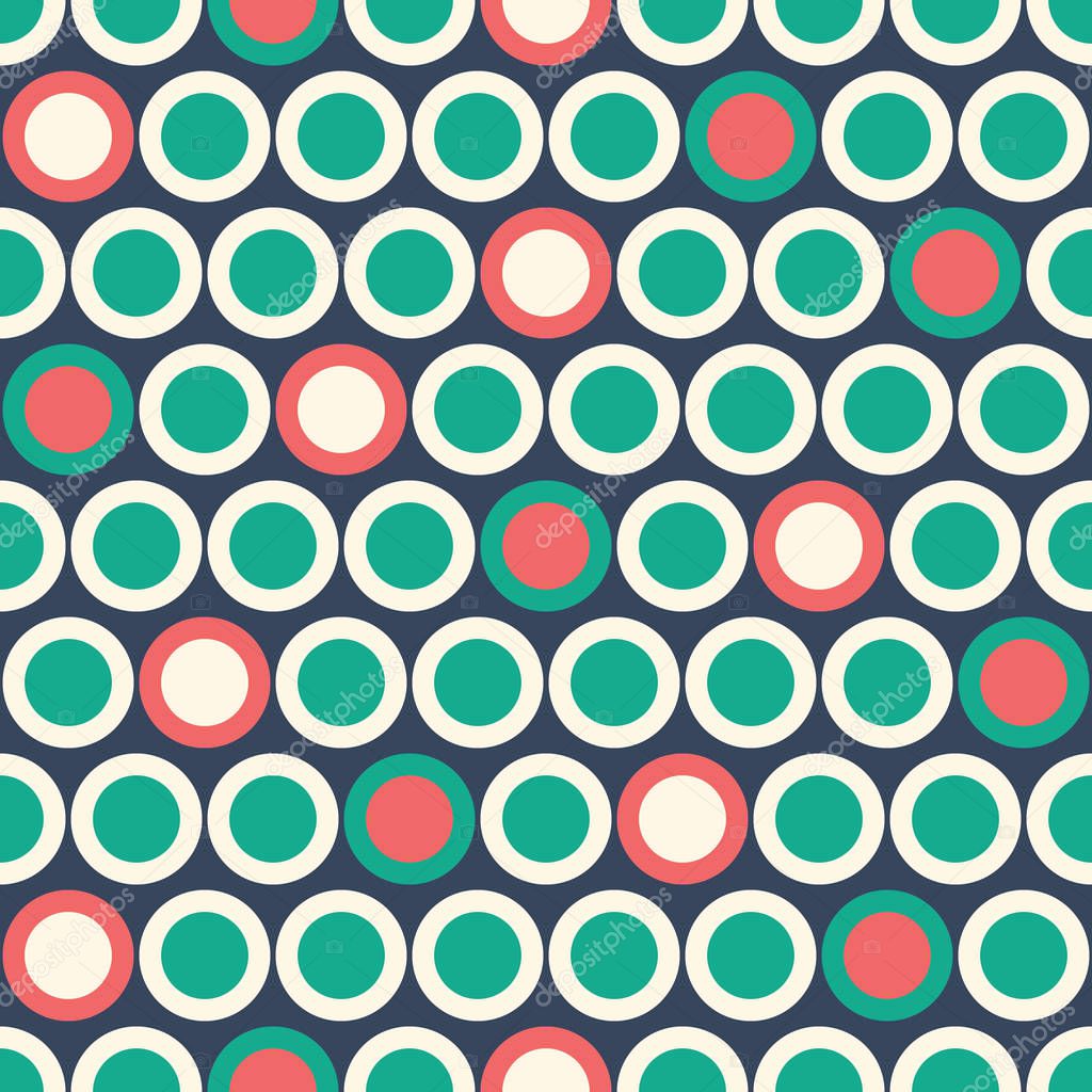 Retro Mod Vector Seamless Polka Dot Pattern in red, green, cream