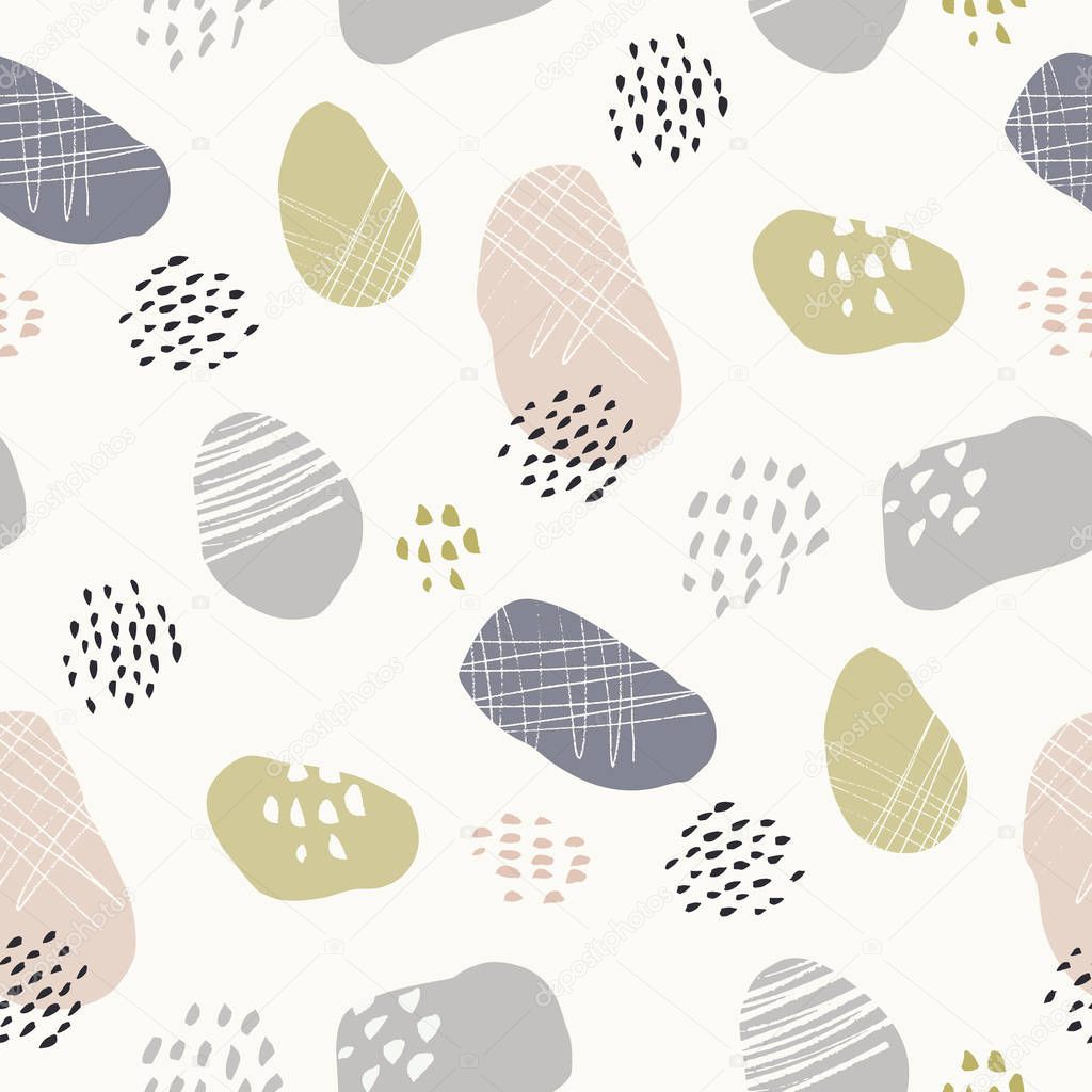 Hand-drawn stone-like textured organic fragments vector seamless pattern. Whimsical abstract geo.