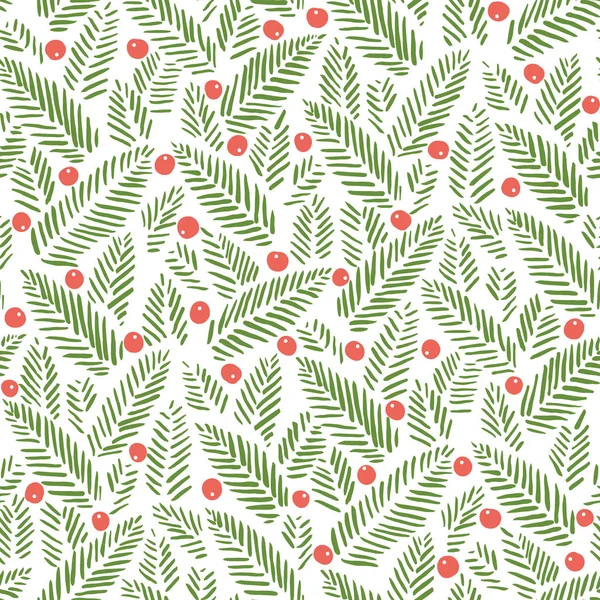 Handgezeichnetes abstraktes Weihnachtsblatt, heilige Beeren auf weißem Hintergrund, nahtloses Muster. Winterurlaub drucken — Stockvektor