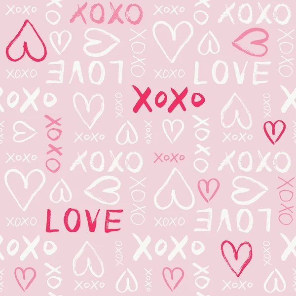 Escrito a mano Día de San Valentín tipografía vector patrón sin costura. Dibujado a mano Doodle corazones y palabras de amor. XOXO. Graffity — Archivo Imágenes Vectoriales
