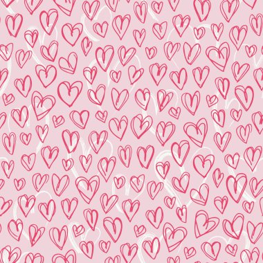 El kırmızı kalpler Sevgililer günü Doodle çizilmiş vektör Seamless modeli. Sevimli Graffity pembe arka plan