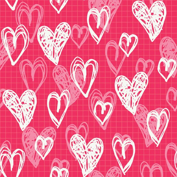 Disegnato a mano Doodle cuori bianchi San Valentino vettore Seamless Pattern. Graffità carino sfondo rosa caldo — Vettoriale Stock