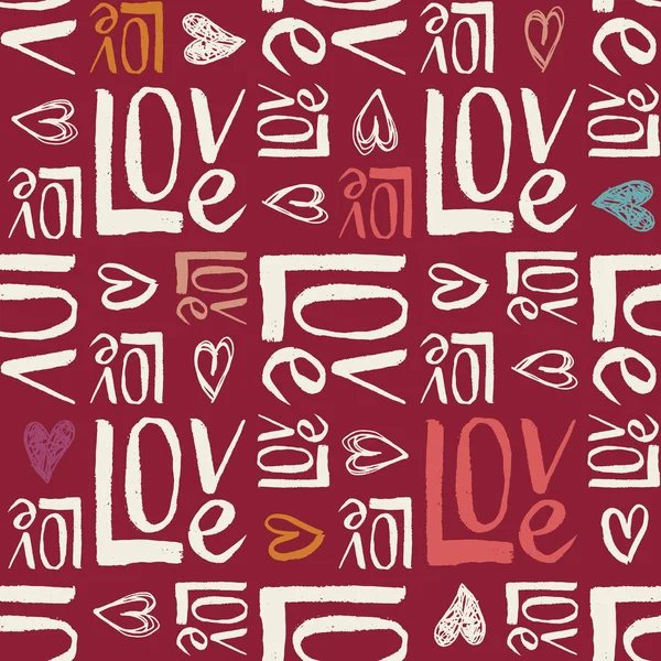 Hand geschreven Retro kleuren Valentines Day typografie vector naadloze patroon. Hand getrokken Doodle harten en woord liefde — Stockvector