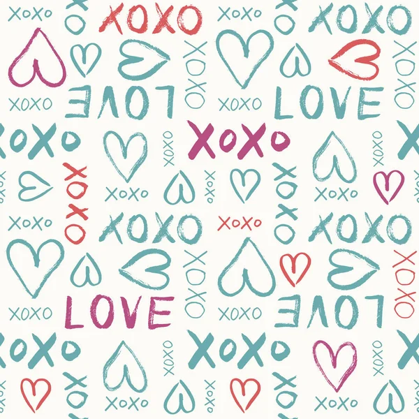 Handgeschriebene Valentinstag Typografie Vektor nahtlose Muster. handgezeichnete Kritzelherzen und Worte Liebe. xoxo. Graffiti — Stockvektor