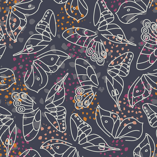 Abstract White Butterfly Wings on Dark grey Background with Colorful Accents Vector Seamless Pattern. Elegant Texture
