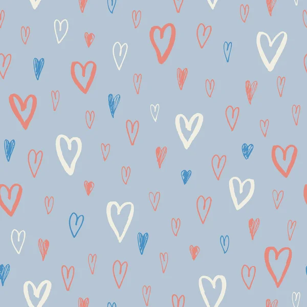 Disegnato a mano Doodle Pastello Cuori Silhouette San Valentino vettore Seamless Pattern. Sfondo Graffity carino. Linea d'arte — Vettoriale Stock