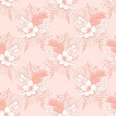 Tek renkli Vintage mercan tropikal egzotik bitki örtüsü ve Hibiscus çiçek Dikişsiz desen vektör. Çizim için arka plan.