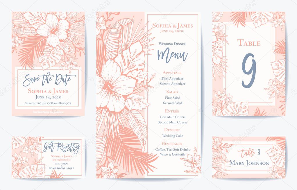 Vector Retro Floral Exotic Tropical Wedding Save the Date, Menu Card Set. See portfolio for matching invitation set