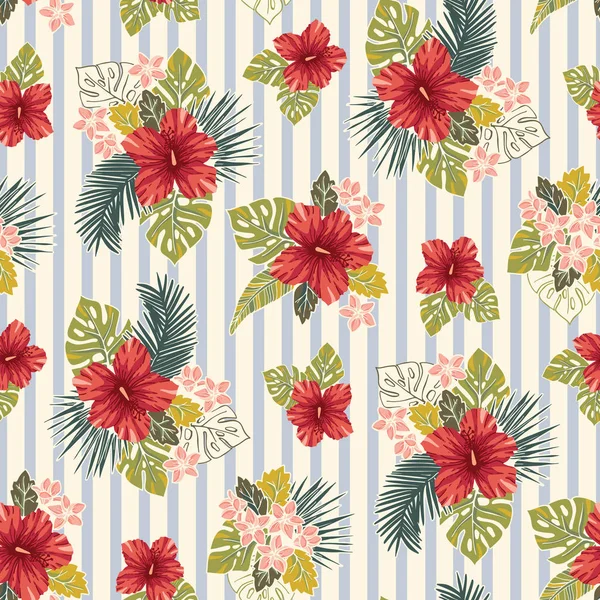 Retro Bold Colorful Tropical Exotic Foliage, Hibiscus Floral Vector Seamless Pattern. Blue and Cream Stripes Background. — Stock Vector