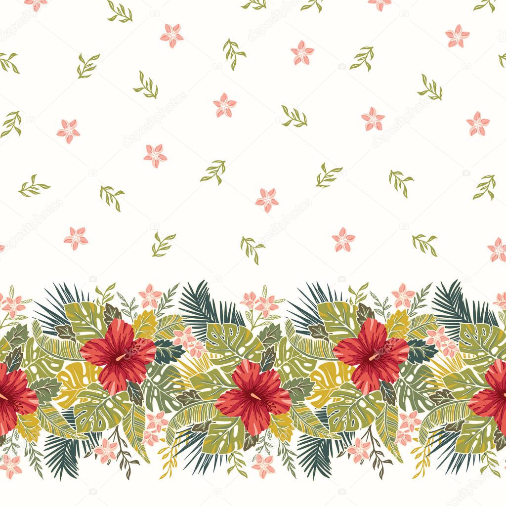 Retro Bold Colorful Tropical Exotic Foliage, Hibiscus Floral Horizontal Vector Seamless Border and Pattern.