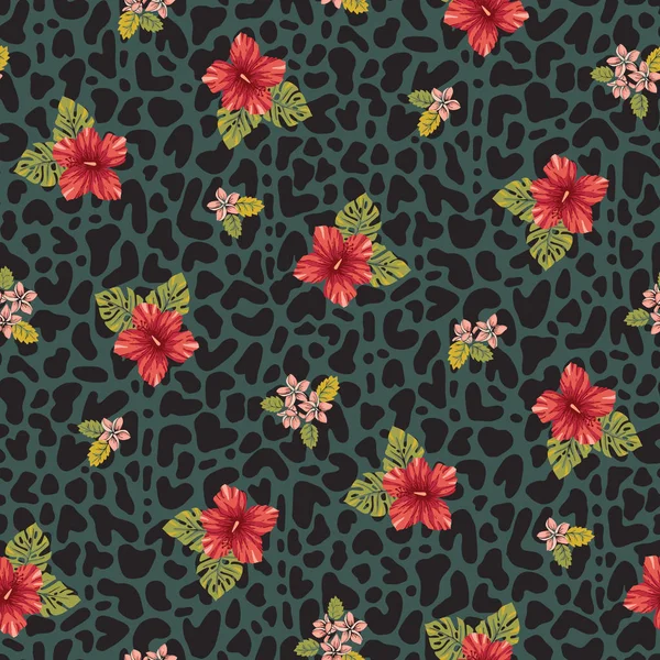 Retro fett bunt tropischen exotischen Laub, Hibiskus floralen Vektor nahtlose Muster auf Tierhaut Hintergrund. — Stockvektor