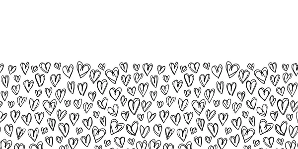 Hand getrokken Doodle zwart-wit harten Valentines Day Vector naadloze grens. Lijntekening achtergrond — Stockvector