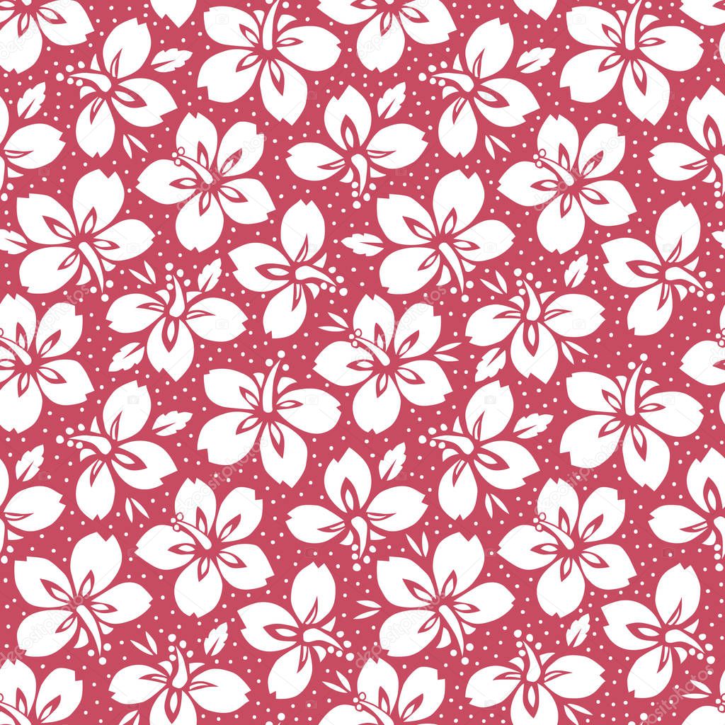 White Tropical Exotic Foliage, Hibiscus Floral Vector Seamless Pattern. Lush Tropical Blooms on Red Background