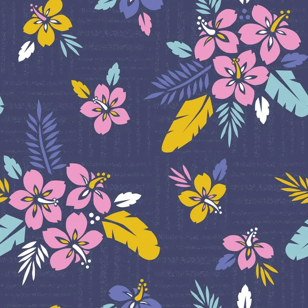 Büyük kalın renkli tropikal egzotik bitki örtüsü, Hibiscus çiçek Dikişsiz desen vektör. Yemyeşil tropikal palmiye yaprakları.