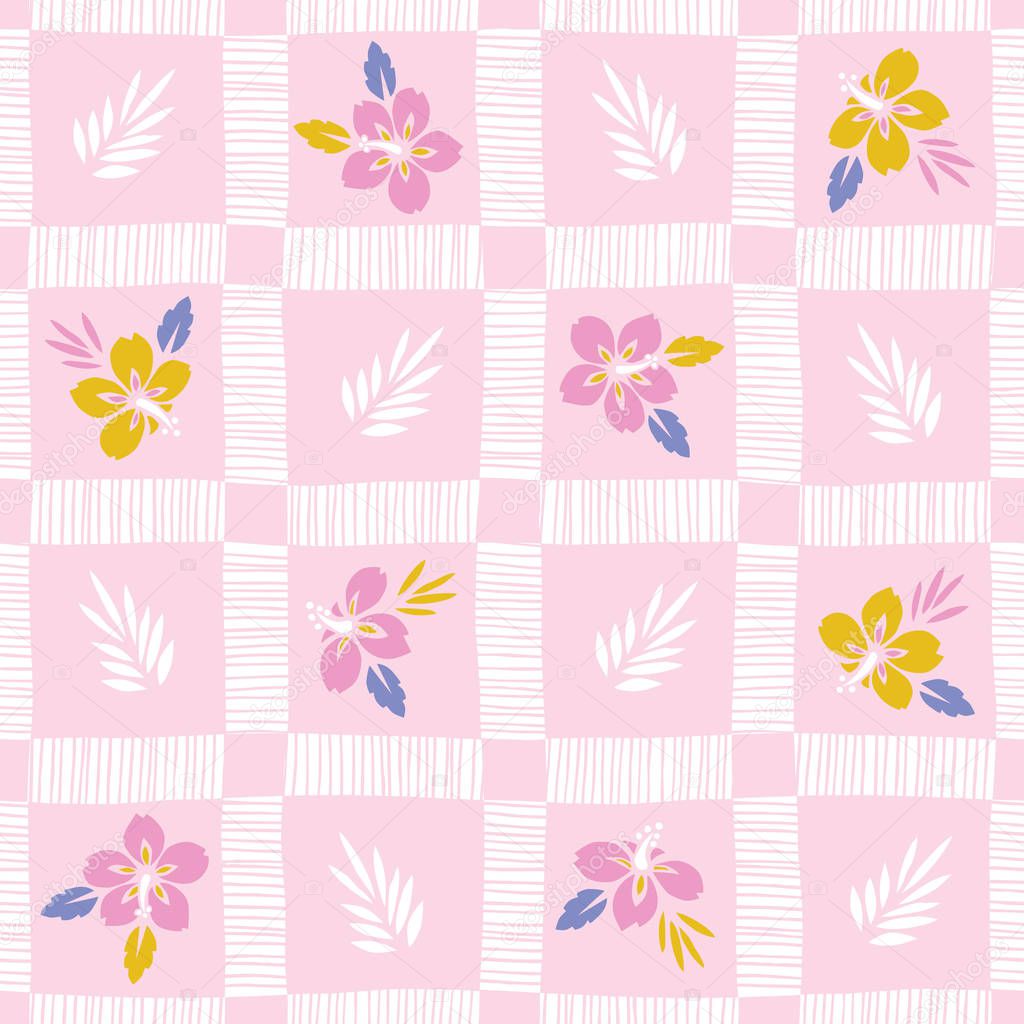 Colorful Tropical Exotic Foliage, Hibiscus Hand-Drawn Plaid Floral Vector Seamless Pattern. Palm Checkered Background
