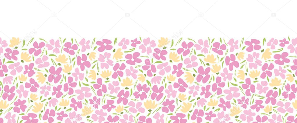 Pastel Colored graphic ditsy gestural blooms and foliage on white background vector seamless horizontal border. Florals.