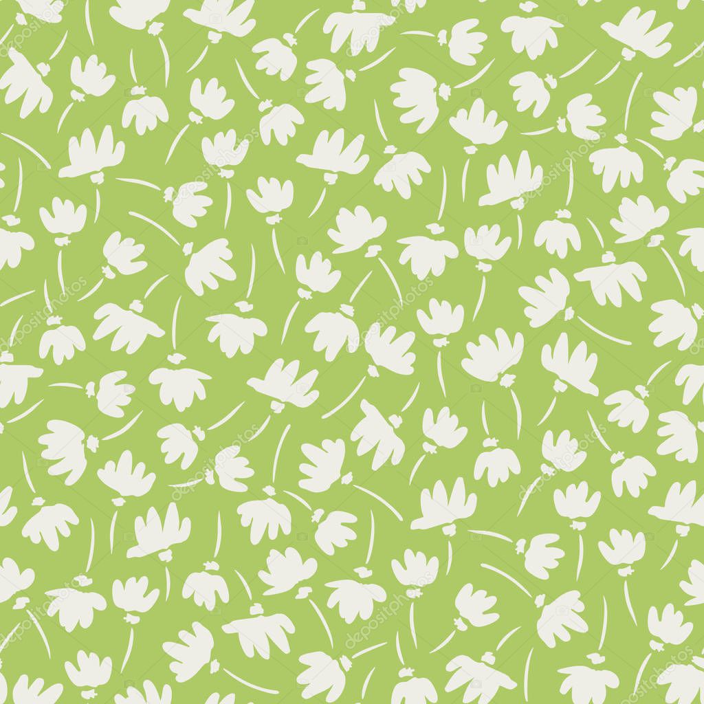 White and Green Abstract Gestural Spring Flowers Vector Seamless Pattern. Simple Clean Floral Backrgound.