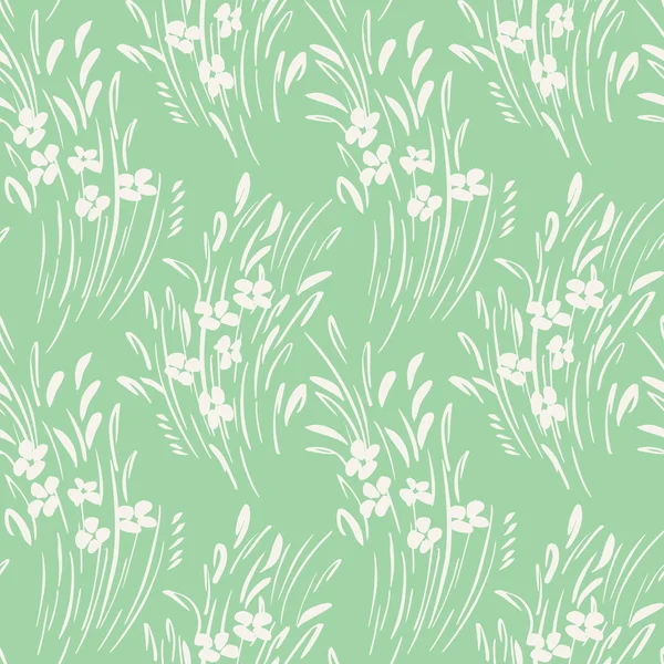 Blanco monocromo abstracto ditsy gestual floral vector patrón sin costura. Floraciones de primavera, follaje . — Vector de stock